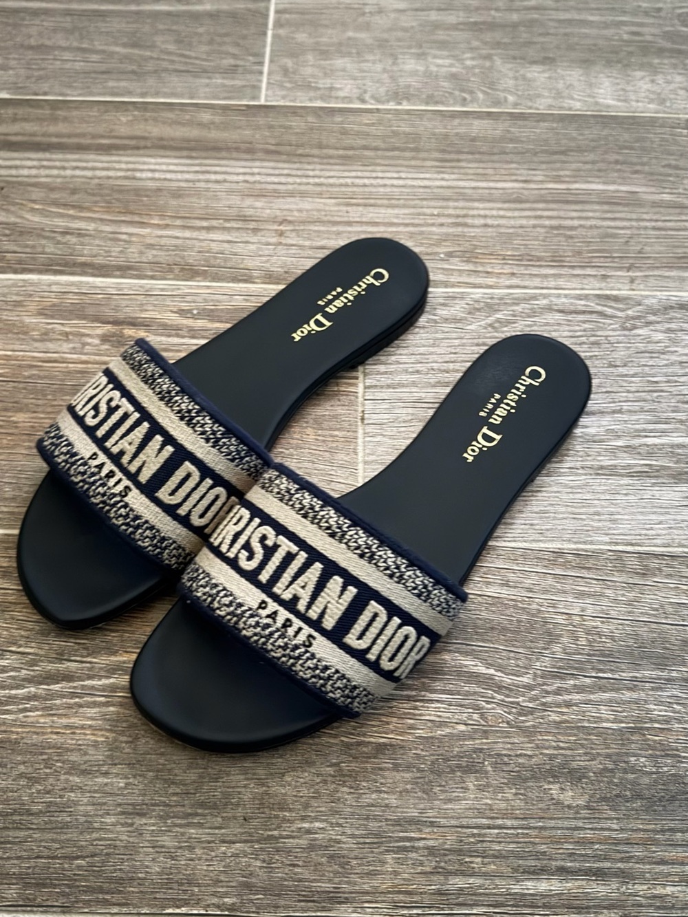 DIOR Dway Deep Blue Embroidered Cotton Slides size 39